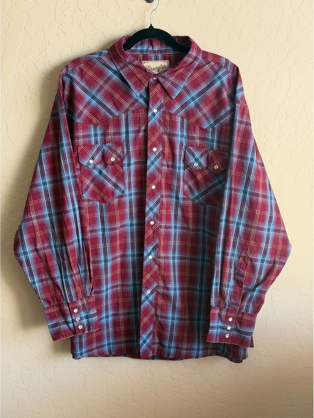 Wrangler Western Pearl Snap Shirt Mens 3XL Burgundy Plaid Cowboy Long Sleeve